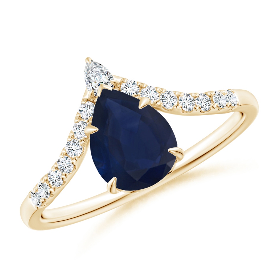 8x6mm A Pear Blue Sapphire and Diamond Chevron Engagement Ring in Yellow Gold 