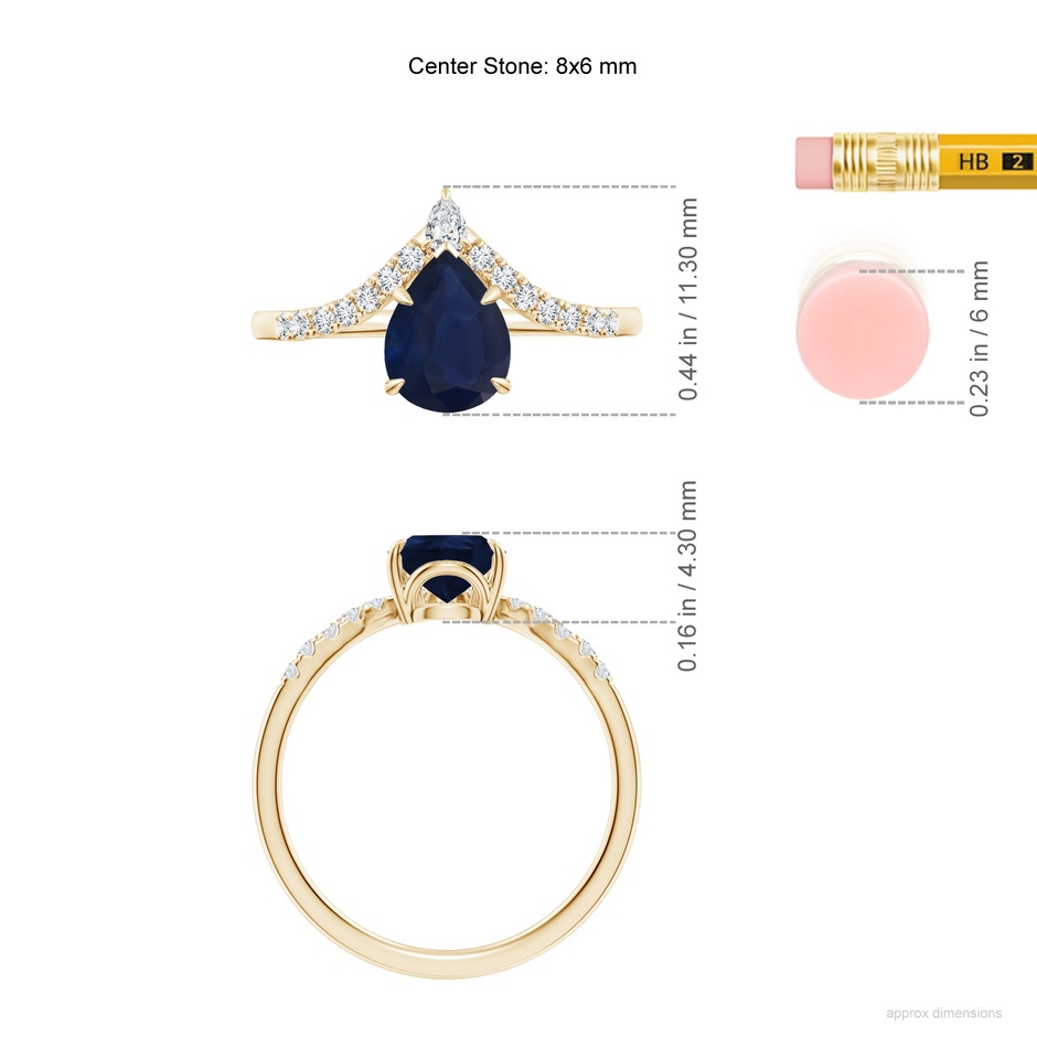 8x6mm A Pear Blue Sapphire and Diamond Chevron Engagement Ring in Yellow Gold ruler