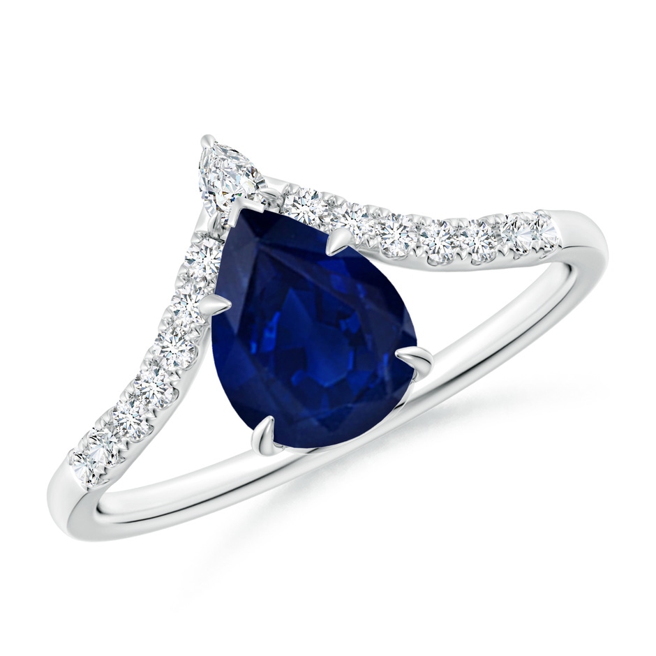 8x6mm AA Pear Blue Sapphire and Diamond Chevron Engagement Ring in White Gold 
