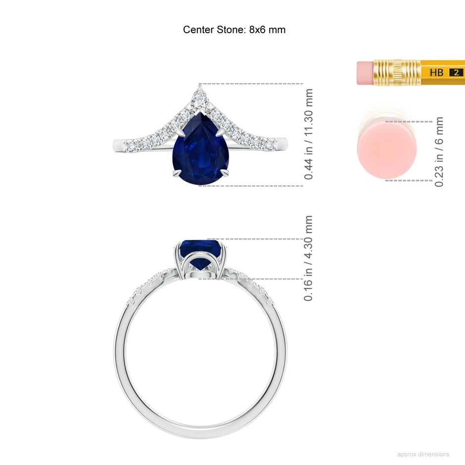 8x6mm AA Pear Blue Sapphire and Diamond Chevron Engagement Ring in White Gold ruler