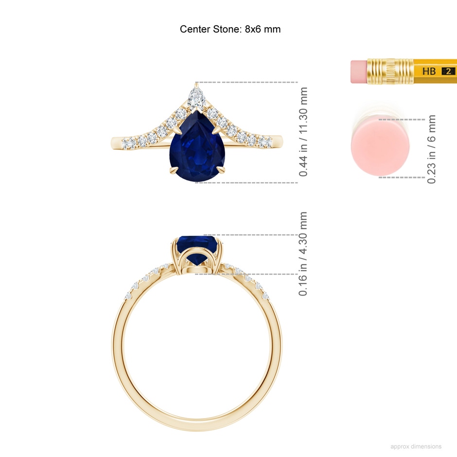 8x6mm AA Pear Blue Sapphire and Diamond Chevron Engagement Ring in Yellow Gold ruler