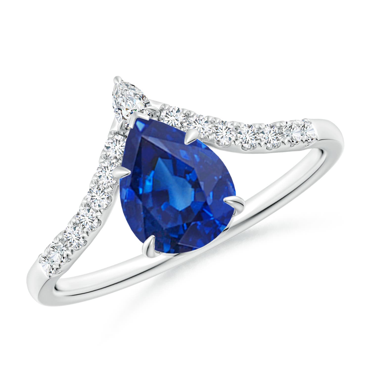 8x6mm AAA Pear Blue Sapphire and Diamond Chevron Engagement Ring in P950 Platinum