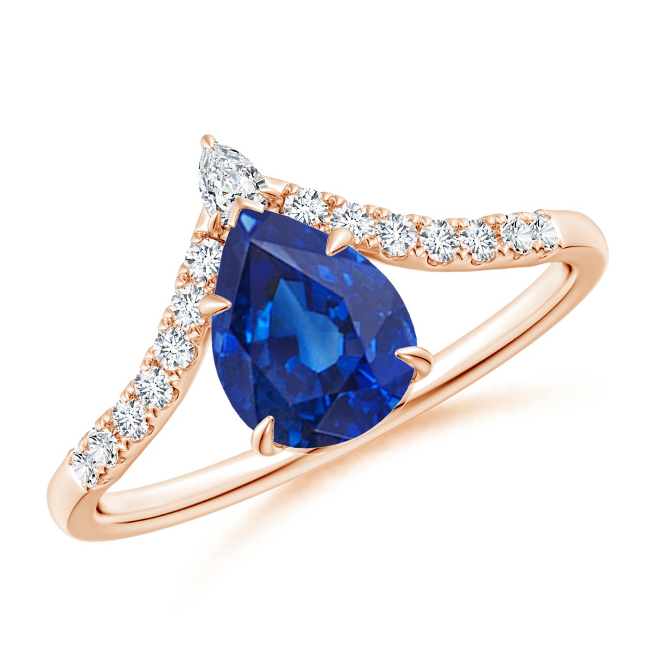 8x6mm AAA Pear Blue Sapphire and Diamond Chevron Engagement Ring in Rose Gold 