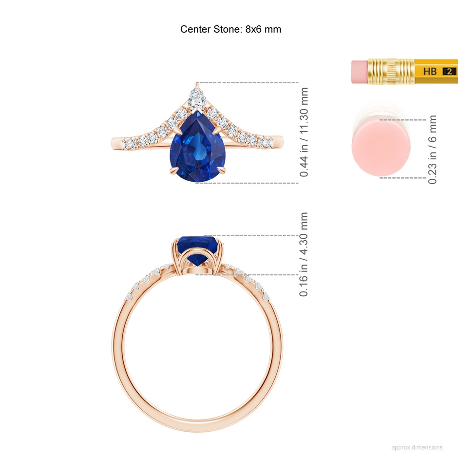 8x6mm AAA Pear Blue Sapphire and Diamond Chevron Engagement Ring in Rose Gold ruler