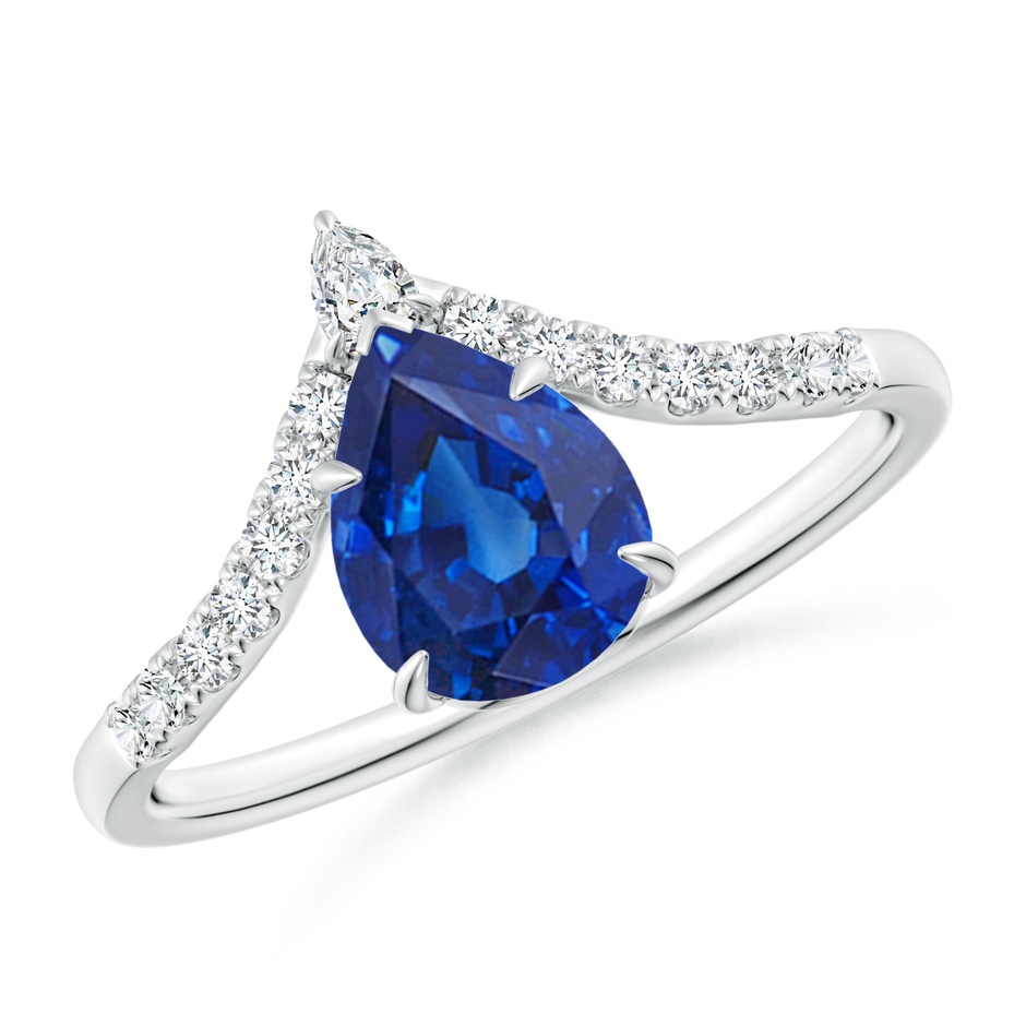 8x6mm AAA Pear Blue Sapphire and Diamond Chevron Engagement Ring in White Gold 