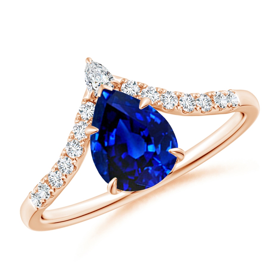 8x6mm AAAA Pear Blue Sapphire and Diamond Chevron Engagement Ring in Rose Gold 