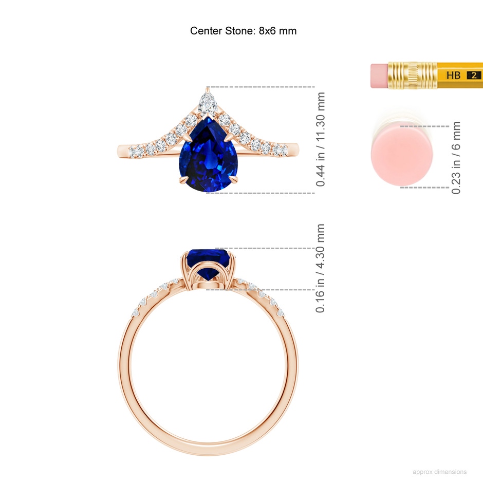 8x6mm AAAA Pear Blue Sapphire and Diamond Chevron Engagement Ring in Rose Gold ruler