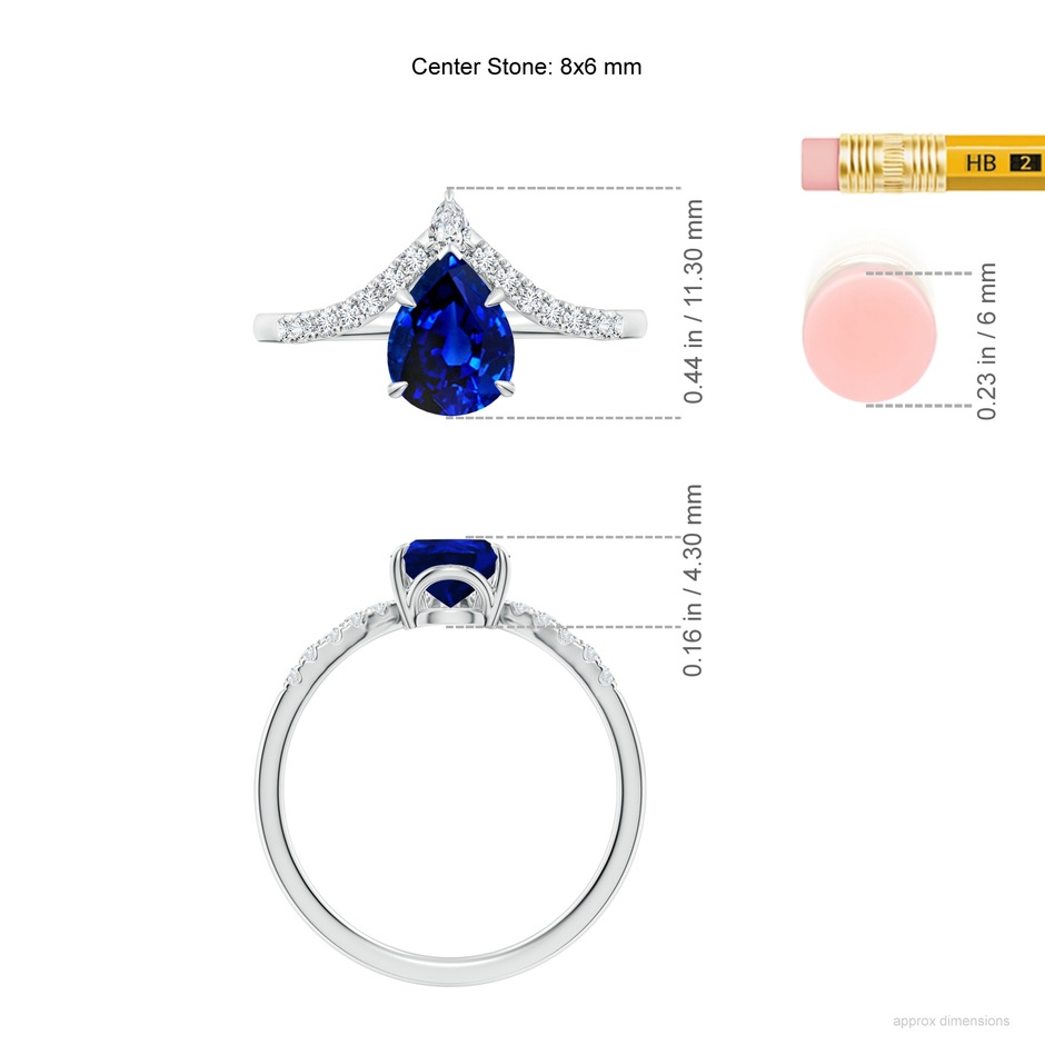 8x6mm AAAA Pear Blue Sapphire and Diamond Chevron Engagement Ring in White Gold ruler