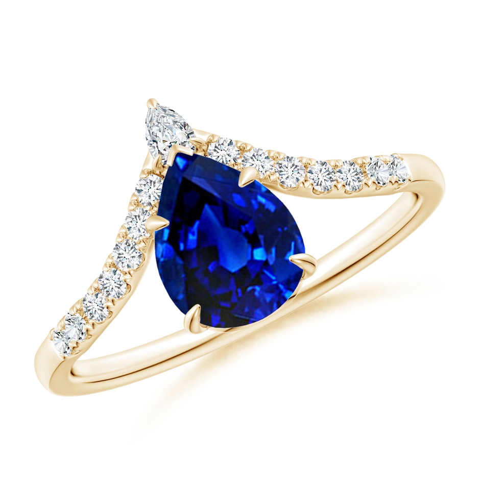 8x6mm AAAA Pear Blue Sapphire and Diamond Chevron Engagement Ring in Yellow Gold 