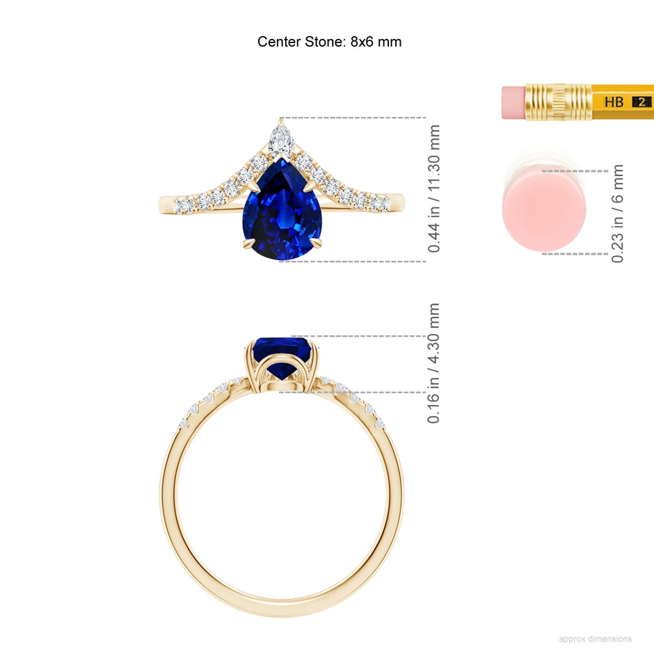 8x6mm AAAA Pear Blue Sapphire and Diamond Chevron Engagement Ring in Yellow Gold ruler