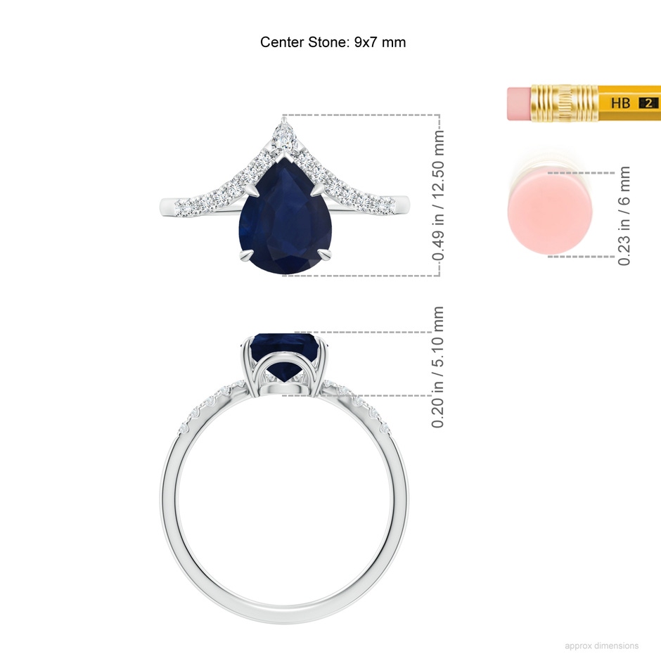 9x7mm A Pear Blue Sapphire and Diamond Chevron Engagement Ring in White Gold ruler