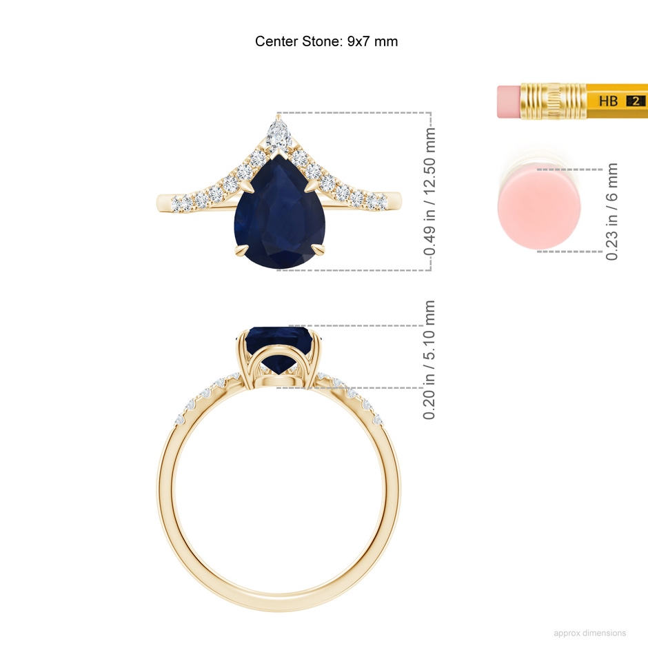 9x7mm A Pear Blue Sapphire and Diamond Chevron Engagement Ring in Yellow Gold ruler