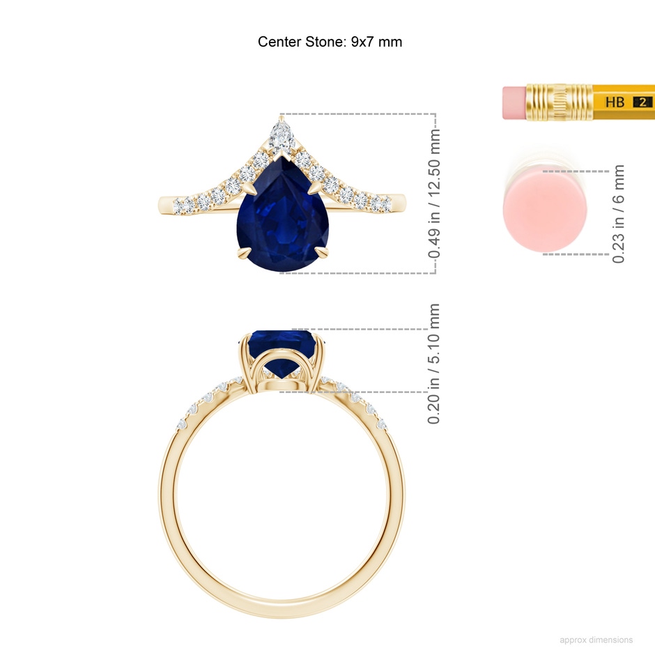 9x7mm AA Pear Blue Sapphire and Diamond Chevron Engagement Ring in 18K Yellow Gold ruler