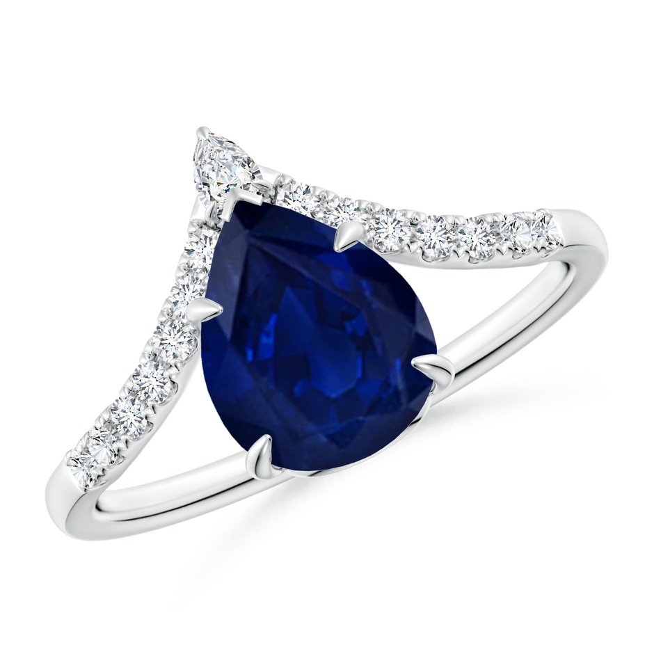 9x7mm AA Pear Blue Sapphire and Diamond Chevron Engagement Ring in P950 Platinum 