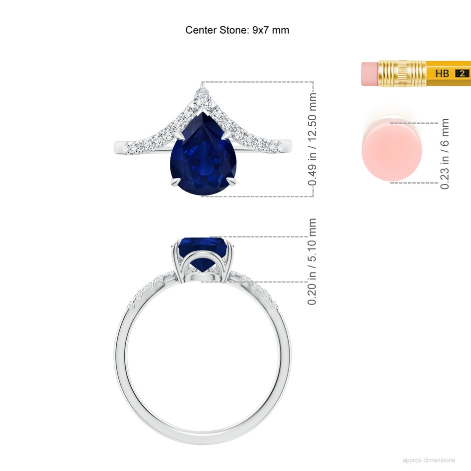 9x7mm AA Pear Blue Sapphire and Diamond Chevron Engagement Ring in P950 Platinum ruler