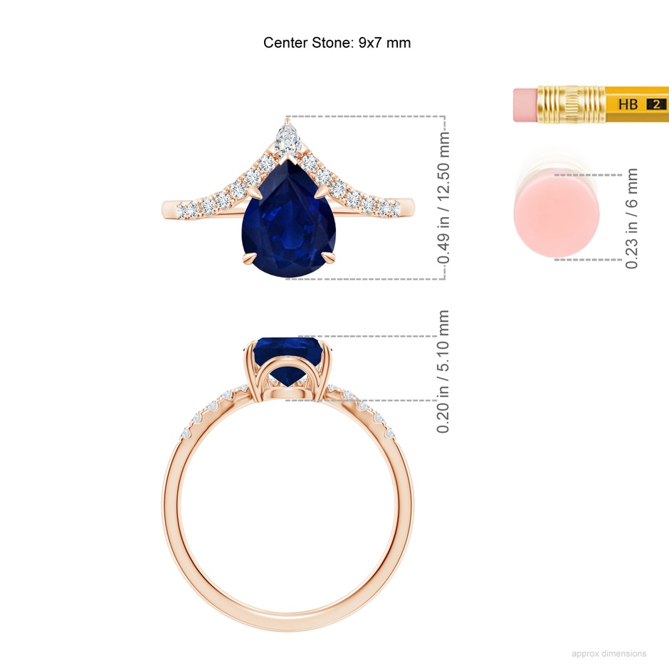 9x7mm AA Pear Blue Sapphire and Diamond Chevron Engagement Ring in Rose Gold ruler