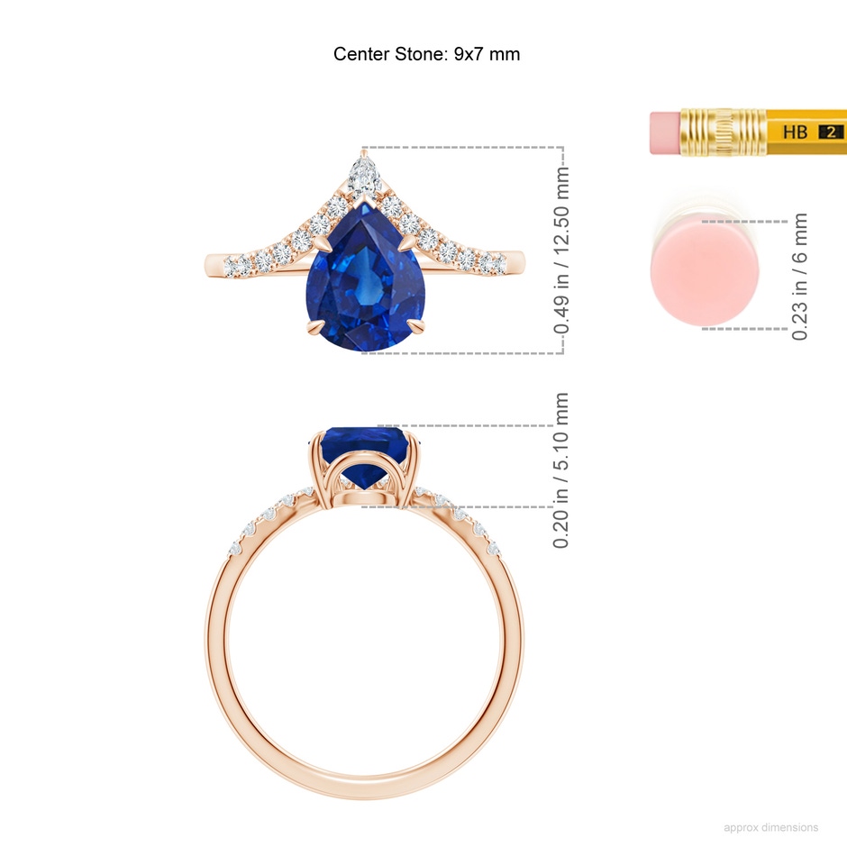 9x7mm AAA Pear Blue Sapphire and Diamond Chevron Engagement Ring in 18K Rose Gold ruler