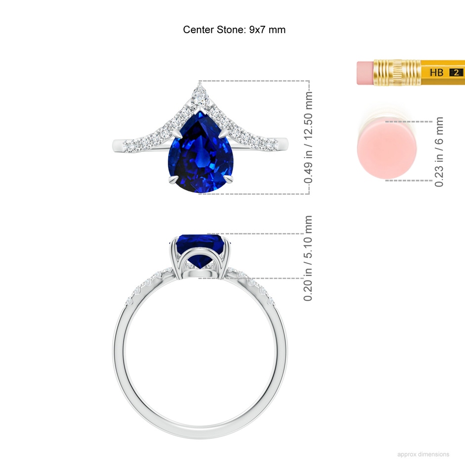 9x7mm AAAA Pear Blue Sapphire and Diamond Chevron Engagement Ring in P950 Platinum ruler