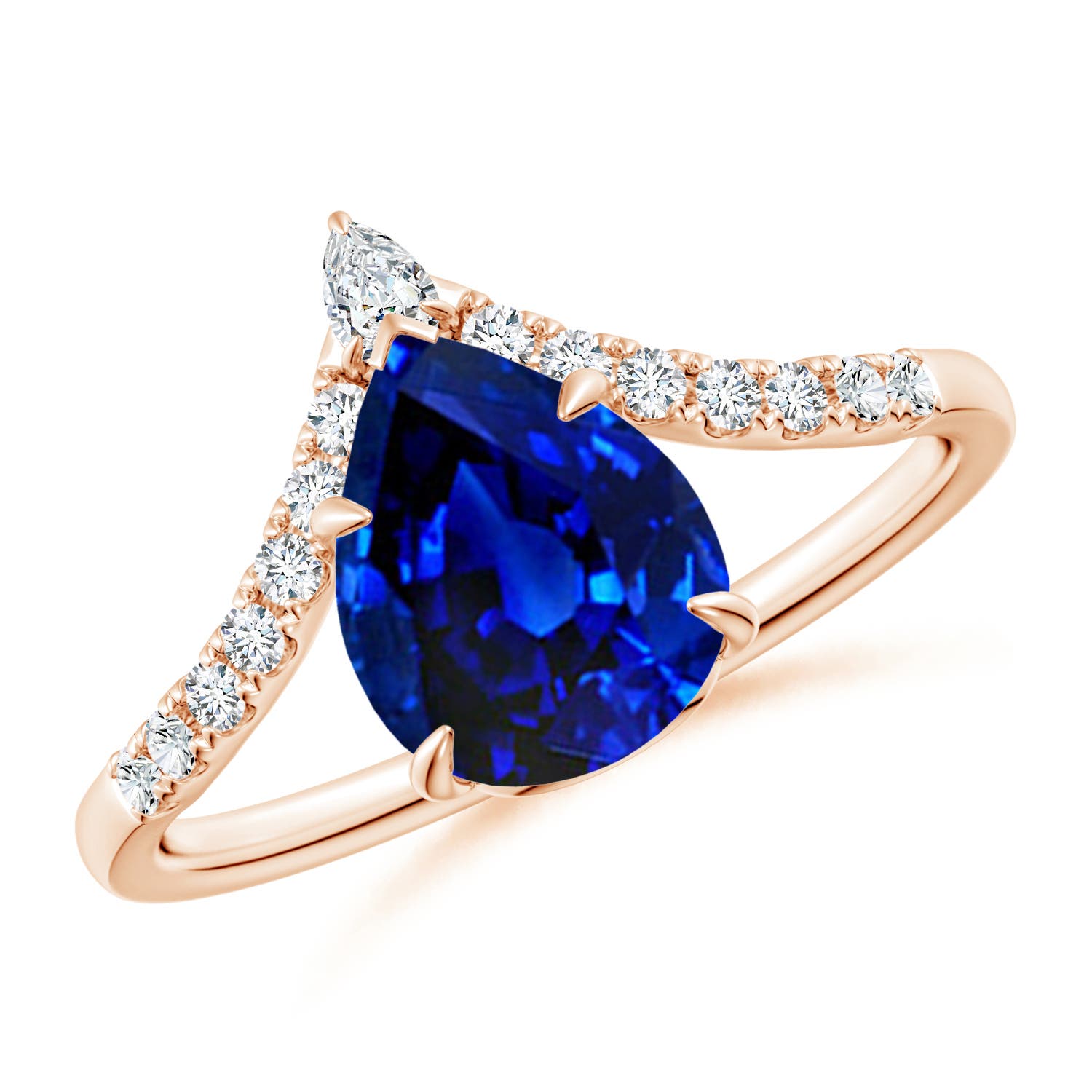 9x7mm AAAA Pear Blue Sapphire and Diamond Chevron Engagement Ring in Rose Gold