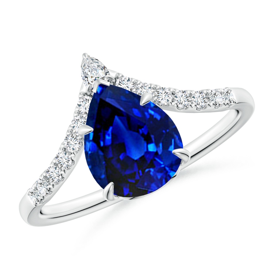 9x7mm Lab-Grown Pear Blue Sapphire and Diamond Chevron Engagement Ring in White Gold 