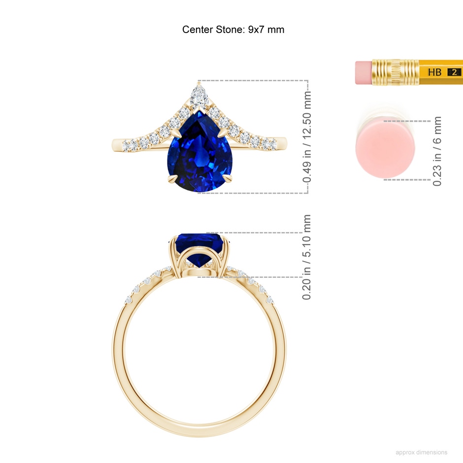 9x7mm AAAA Pear Blue Sapphire and Diamond Chevron Engagement Ring in Yellow Gold ruler