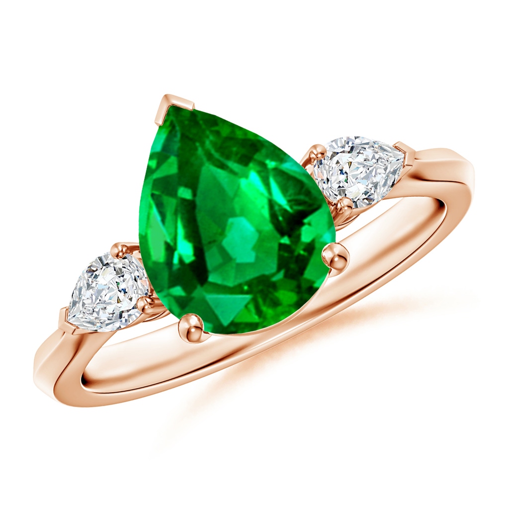 10x8mm AAAA Pear shape Emerald Three Stone Engagement Ring in Rose Gold