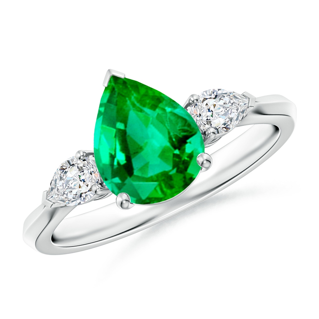 9x7mm AAA Pear shape Emerald Three Stone Engagement Ring in White Gold