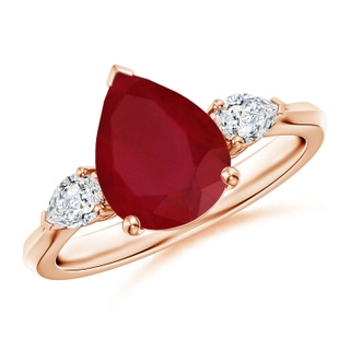 10x8mm AA Pear shape Ruby Three Stone Engagement Ring in Rose Gold