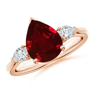 10x8mm AAAA Pear shape Ruby Three Stone Engagement Ring in Rose Gold