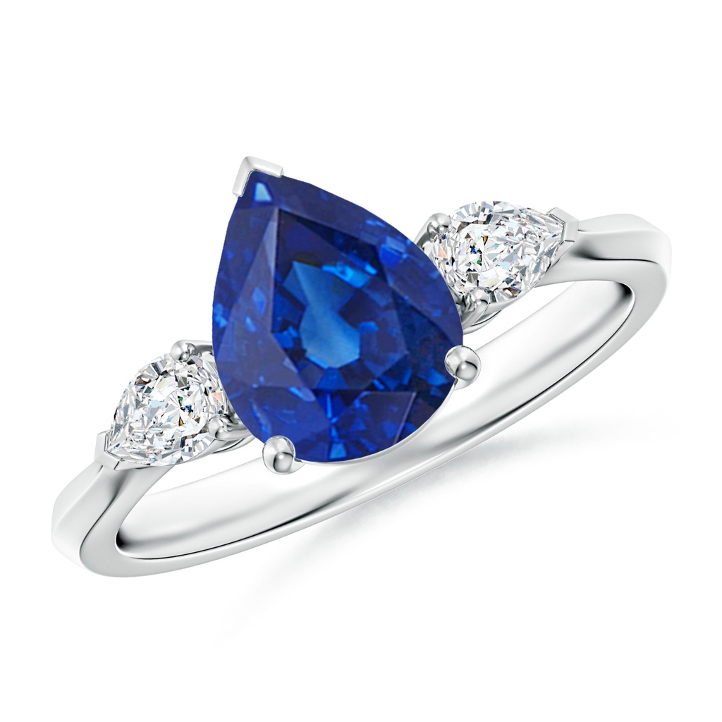 9x7mm AAA Pear shape Blue Sapphire Three Stone Engagement Ring in White Gold