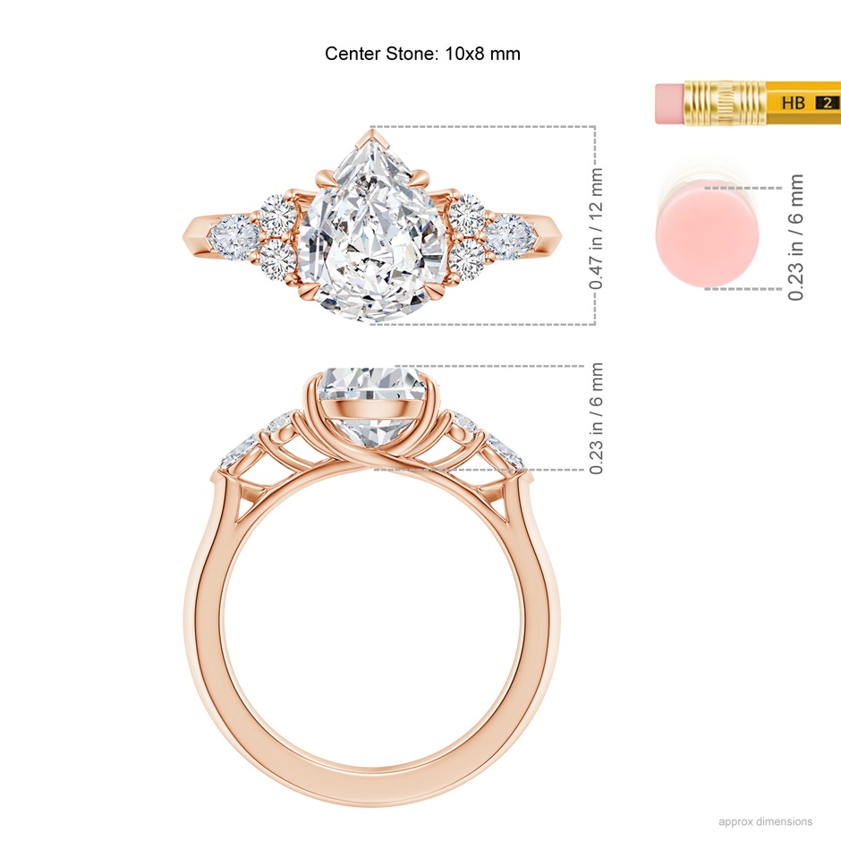 10x8mm HSI2 Pear Shape Diamond Side Stone Engagement Ring with Diamonds in Rose Gold ruler
