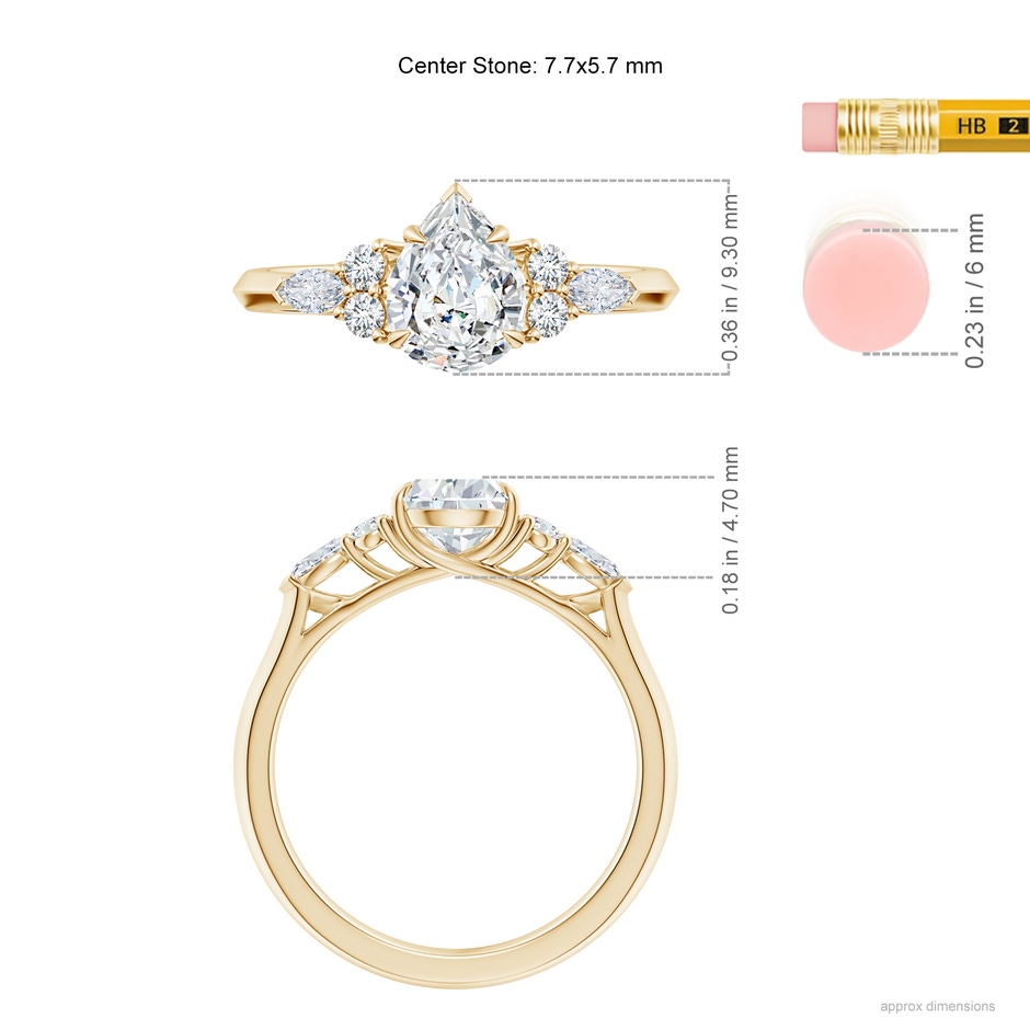 7.7x5.7mm GVS2 Pear Shape Diamond Side Stone Engagement Ring with Diamonds in Yellow Gold ruler