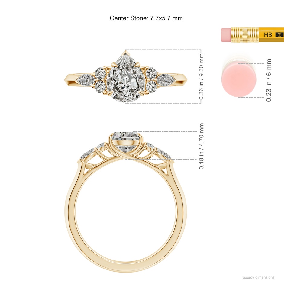 7.7x5.7mm KI3 Pear Shape Diamond Side Stone Engagement Ring with Diamonds in 18K Yellow Gold ruler