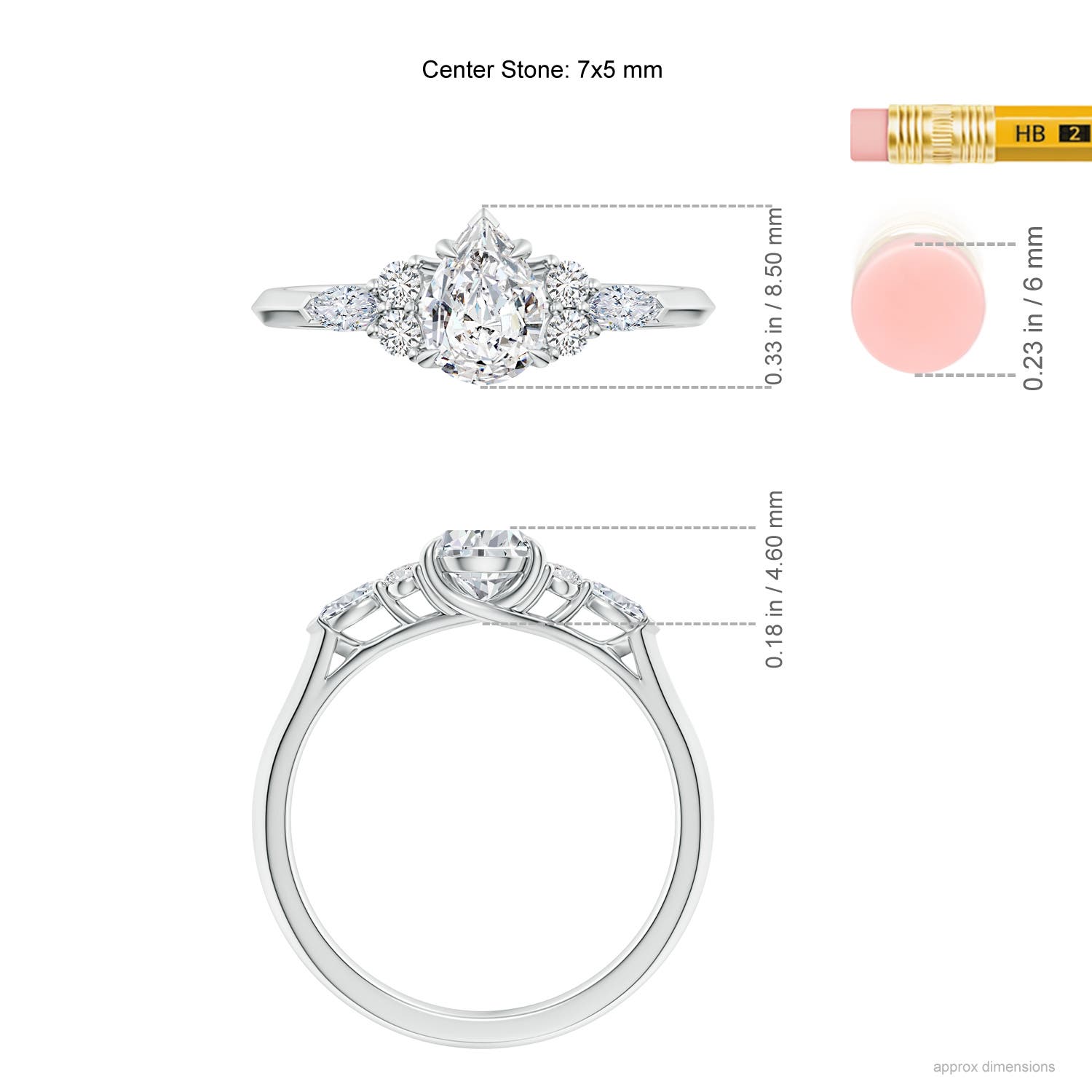 7x5mm HSI2 Pear Shape Diamond Side Stone Engagement Ring with Diamonds in White Gold - ruler