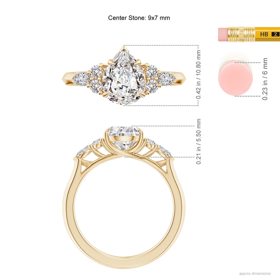 9x7mm IJI1I2 Pear Shape Diamond Side Stone Engagement Ring with Diamonds in Yellow Gold ruler