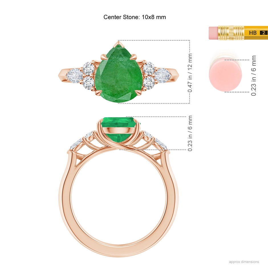 10x8mm A Pear Shape Emerald Side Stone Engagement Ring with Diamonds in Rose Gold ruler