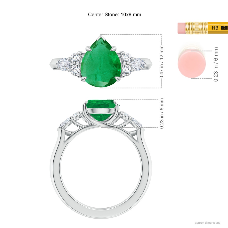 10x8mm AA Pear Shape Emerald Side Stone Engagement Ring with Diamonds in P950 Platinum ruler