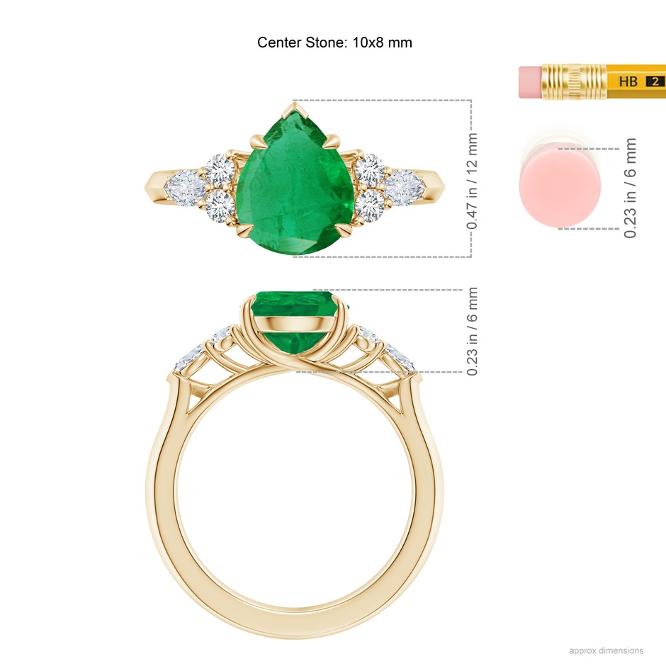 10x8mm AA Pear Shape Emerald Side Stone Engagement Ring with Diamonds in Yellow Gold ruler