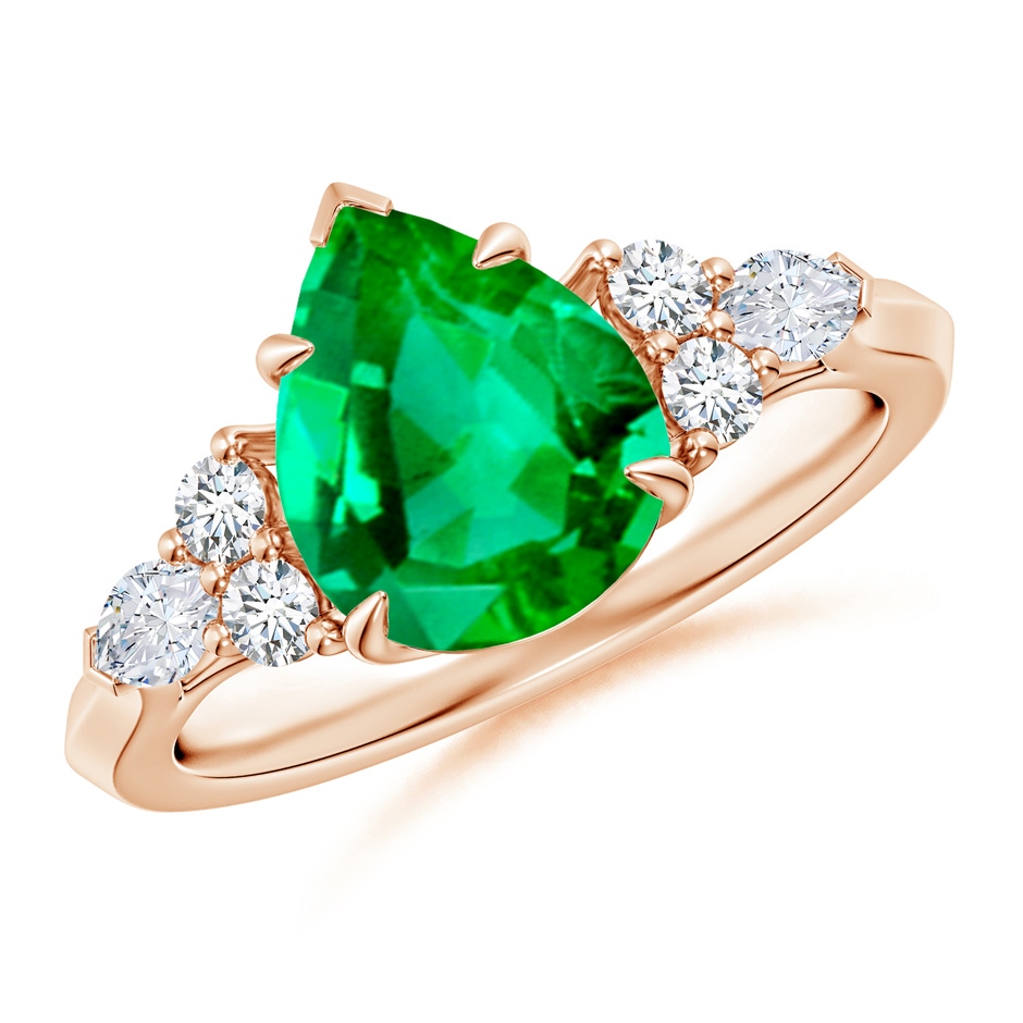 10x8mm AAA Pear Shape Emerald Side Stone Engagement Ring with Diamonds in Rose Gold 