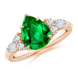 10x8mm AAAA Pear Shape Emerald Side Stone Engagement Ring with Diamonds in 10K Rose Gold