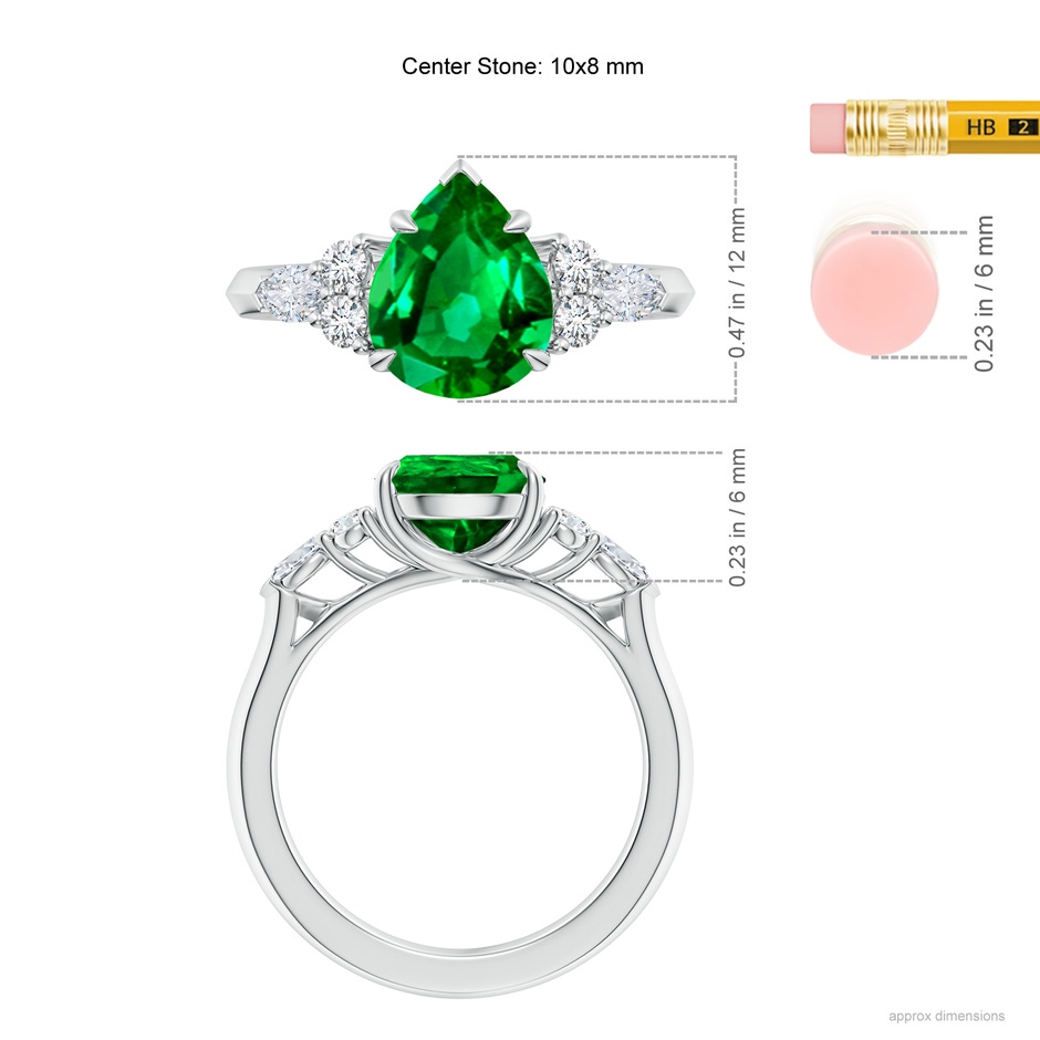 10x8mm AAAA Pear Shape Emerald Side Stone Engagement Ring with Diamonds in P950 Platinum ruler