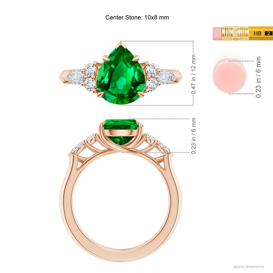 10x8mm AAAA Pear Shape Emerald Side Stone Engagement Ring with Diamonds in Rose Gold ruler