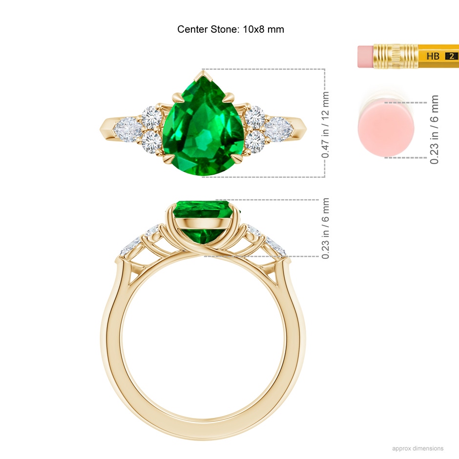 10x8mm AAAA Pear Shape Emerald Side Stone Engagement Ring with Diamonds in Yellow Gold ruler
