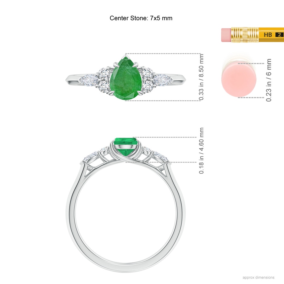 7x5mm A Pear Shape Emerald Side Stone Engagement Ring with Diamonds in 9K White Gold ruler