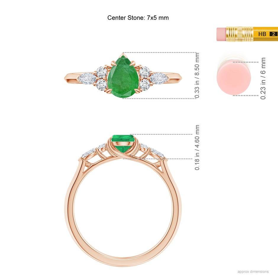 7x5mm A Pear Shape Emerald Side Stone Engagement Ring with Diamonds in Rose Gold ruler