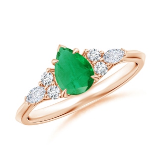 7x5mm AA Pear Shape Emerald Side Stone Engagement Ring with Diamonds in 18K Rose Gold