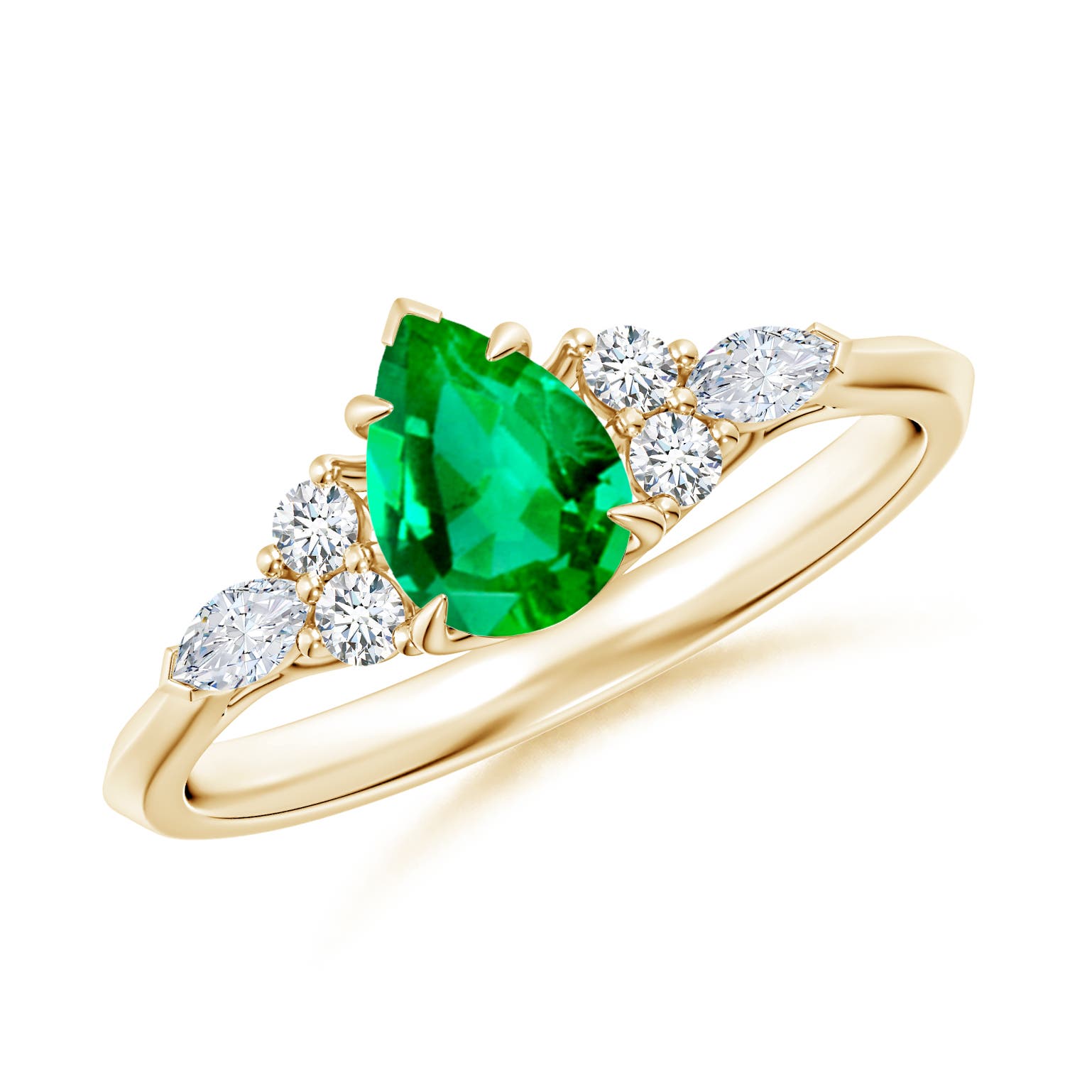 7x5mm AAA Pear Shape Emerald Side Stone Engagement Ring with Diamonds in 18K Yellow Gold