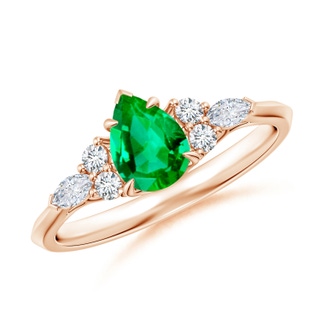 7x5mm AAA Pear Shape Emerald Side Stone Engagement Ring with Diamonds in Rose Gold