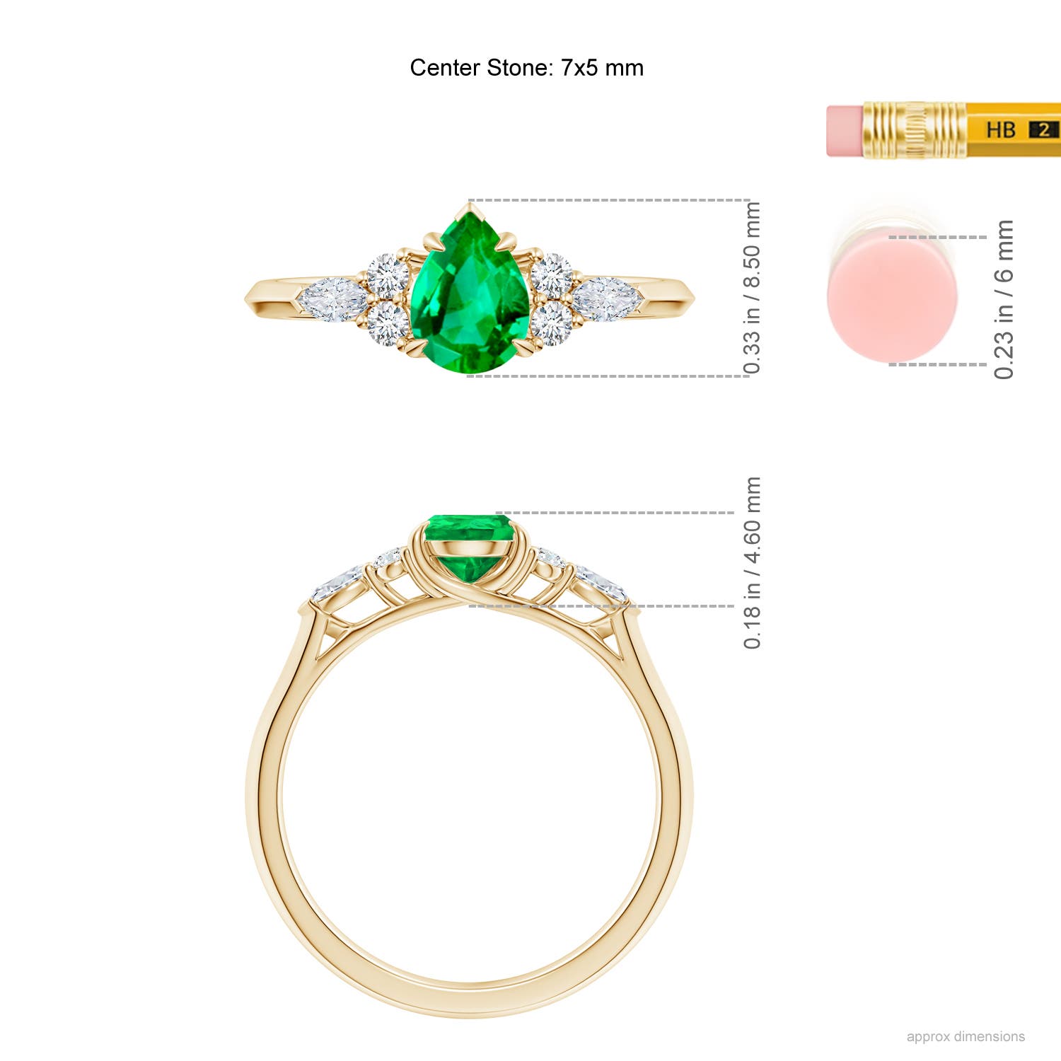 7x5mm AAA Pear Shape Emerald Side Stone Engagement Ring with Diamonds in Yellow Gold - ruler
