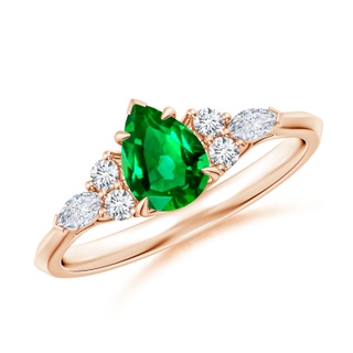 7x5mm AAAA Pear Shape Emerald Side Stone Engagement Ring with Diamonds in 10K Rose Gold